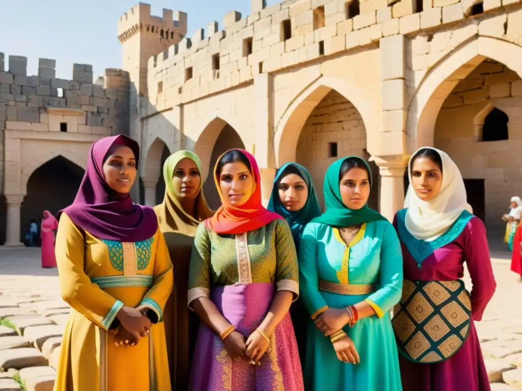 Mujeres musulmanas en la fortaleza, vestidas con colores vibrantes, expresiones resueltas