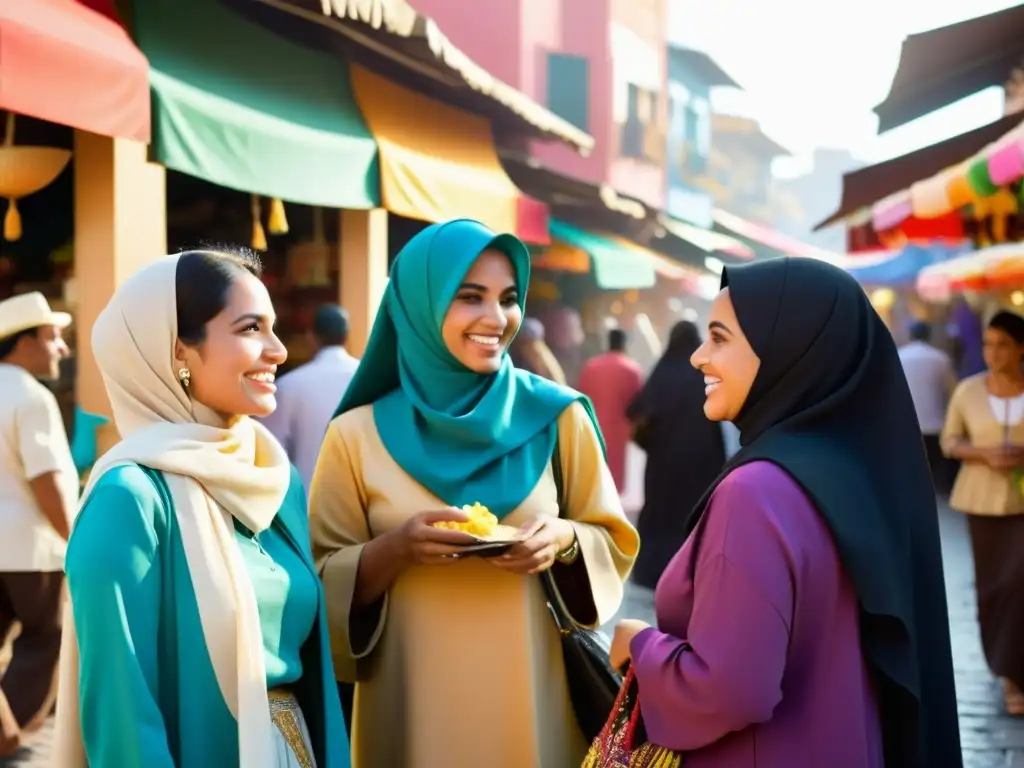 Mujeres musulmanas en América Latina conversando animadamente en un bullicioso mercado, rodeadas de coloridos puestos y gente diversa