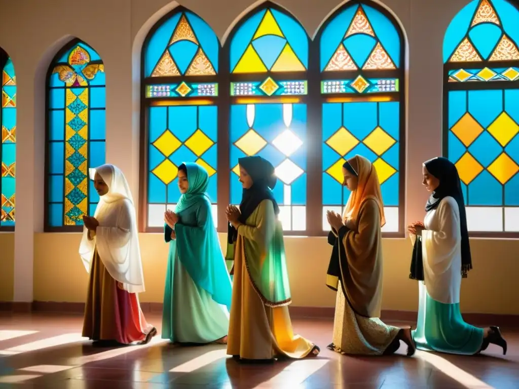 Mujeres musulmanas en América Latina rezando juntas en una mezquita colorida, creando una imagen poderosa de unidad y devoción