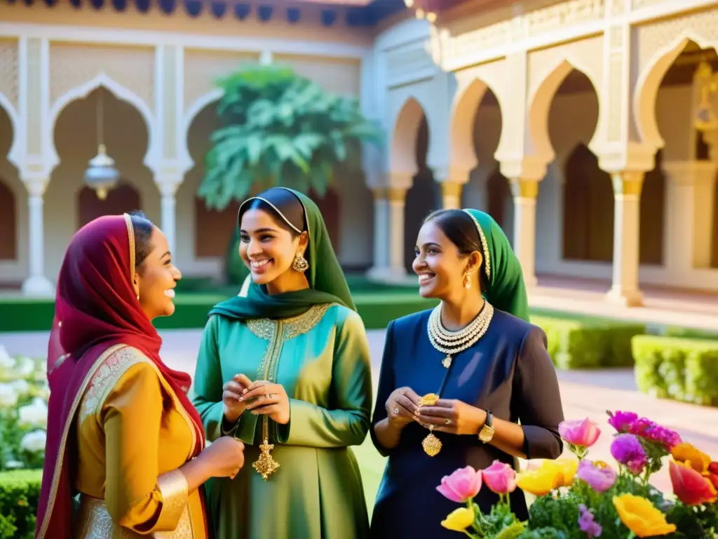 Mujeres musulmanas en América Latina conversan animadamente en un patio soleado, expresando solidaridad y orgullo cultural