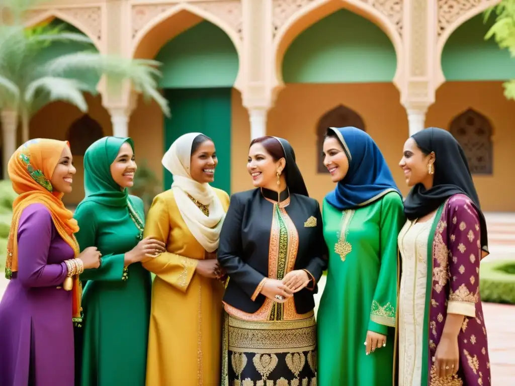 Mujeres musulmanas en América Latina compartiendo risas y conversaciones en un patio soleado, mostrando su orgullo cultural y fortaleza comunitaria