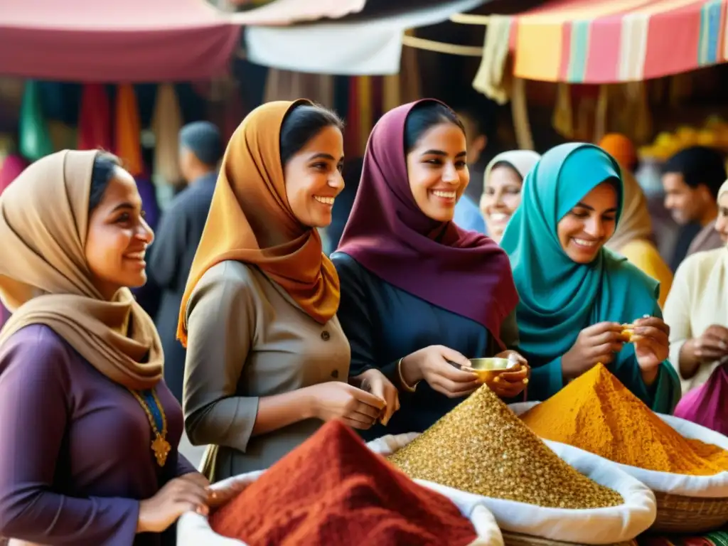 Mujeres musulmanas en América Latina disfrutan de la vida en un mercado colorido, reflejando su comunidad y empoderamiento