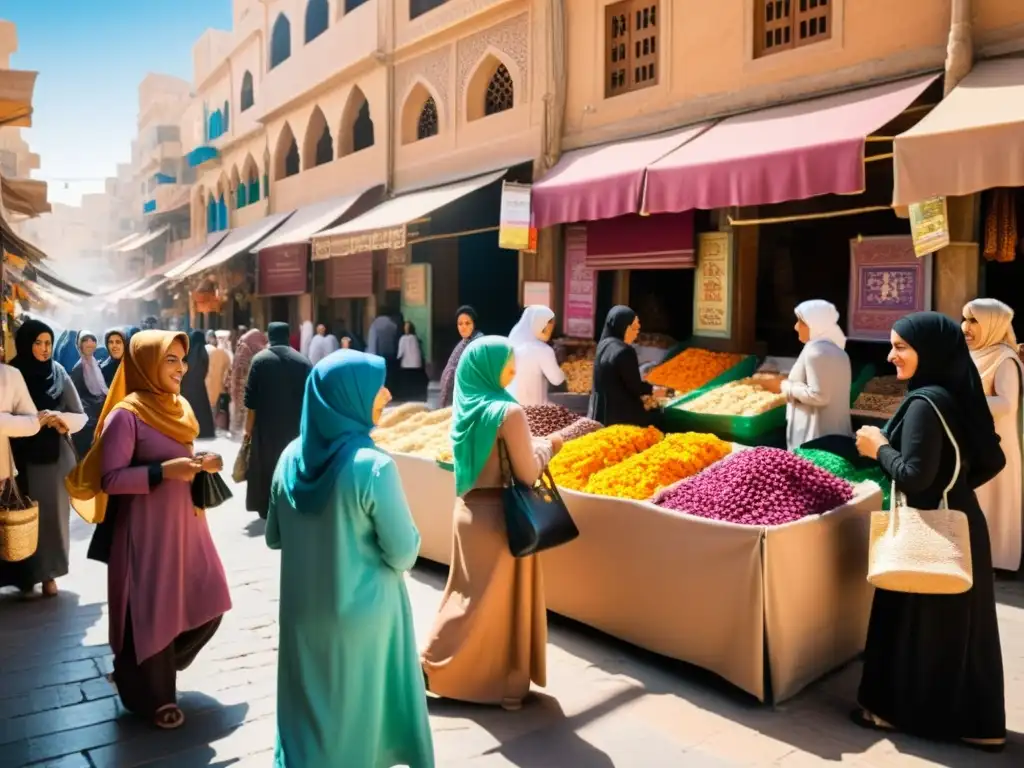 Mujeres musulmanas participando en el mercado, intercambiando dinero y productos, mostrando empoderamiento en sus derechos económicos