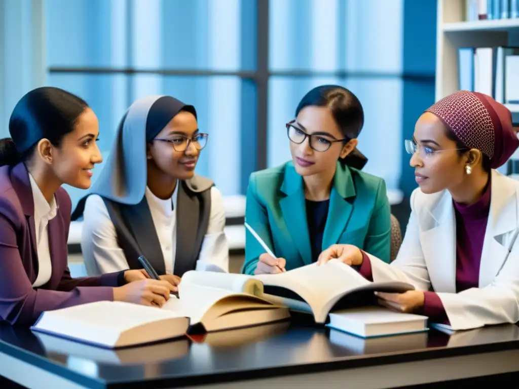 Mujeres musulmanas que cambiaron el mundo: científicas y académicas diversas colaborando en un laboratorio de investigación de vanguardia, empoderadas y determinadas