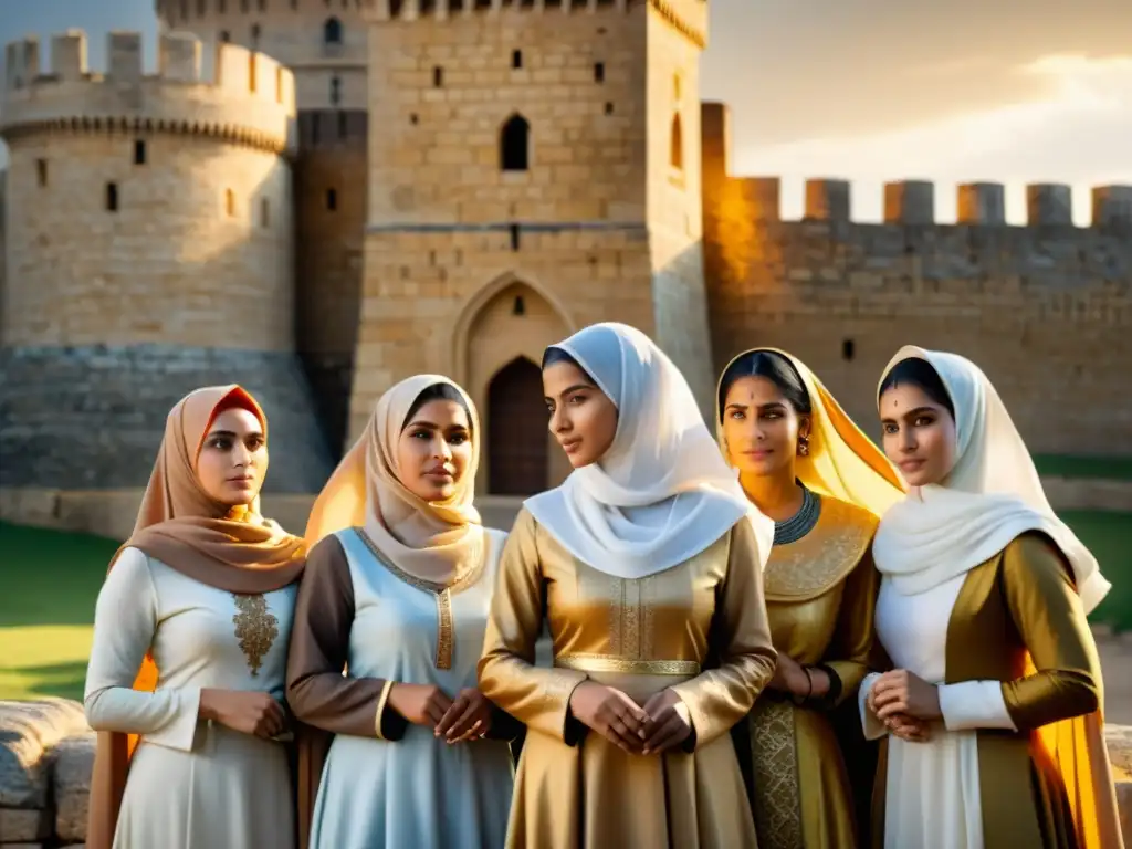 Mujeres musulmanas en papel de resistencia durante las Cruzadas, mostrando fortaleza frente a una fortaleza medieval, bañadas por la cálida luz del sol