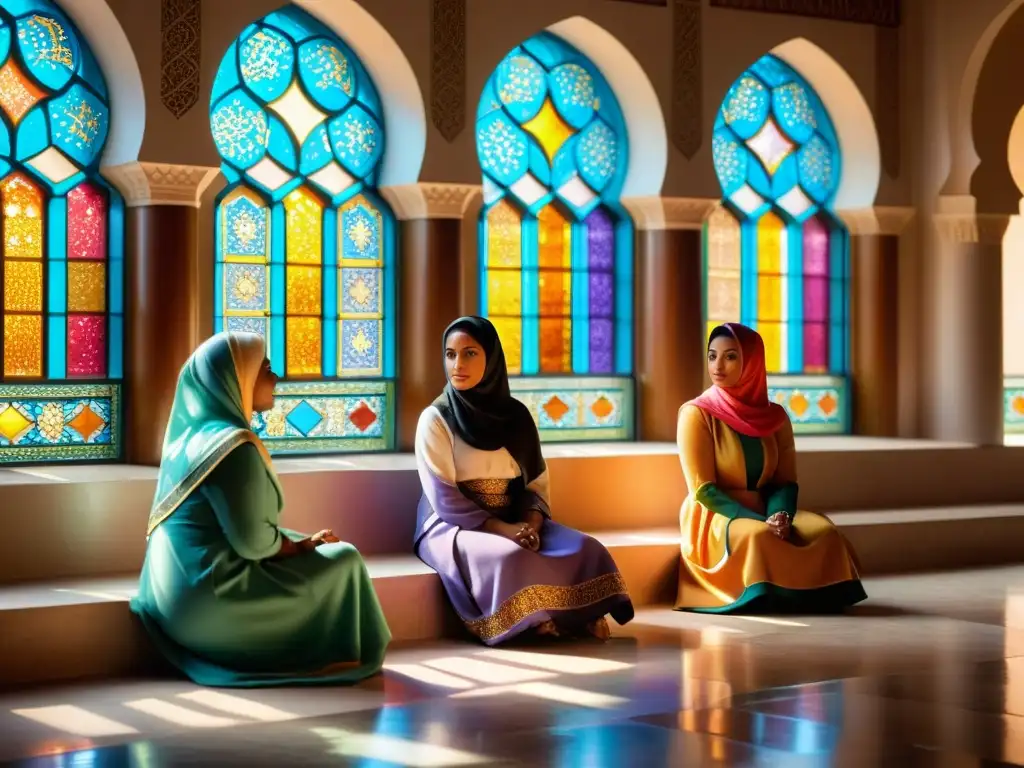 Mujeres musulmanas reinterpretando textos sagrados en una mezquita bellamente decorada, empoderadas y en solidaridad