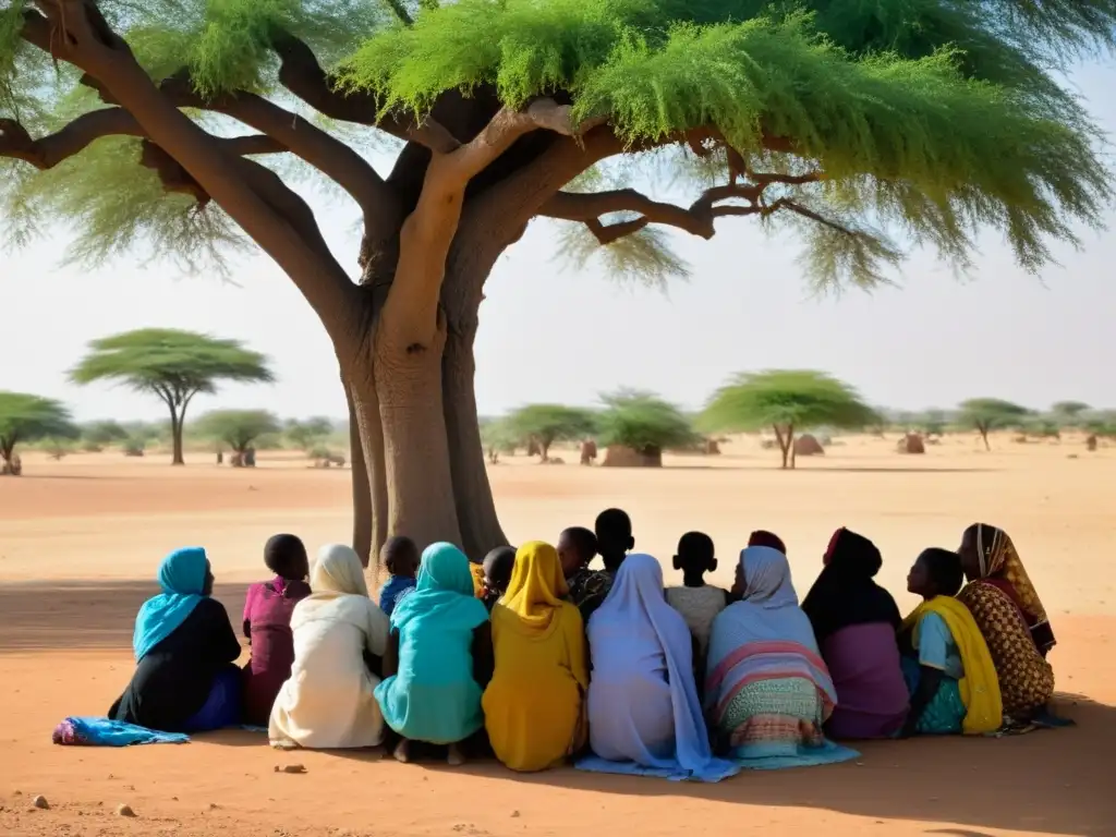 Mujeres y niños de Darfur se reúnen bajo un árbol, destacando con sus coloridos trajes