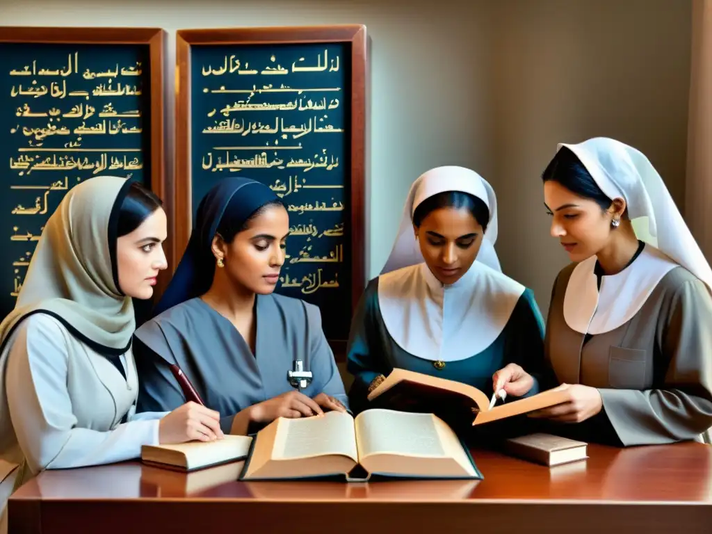 Mujeres pioneras en medicina islámica discuten con determinación, rodeadas de textos antiguos y equipo médico, simbolizando tradición y progreso