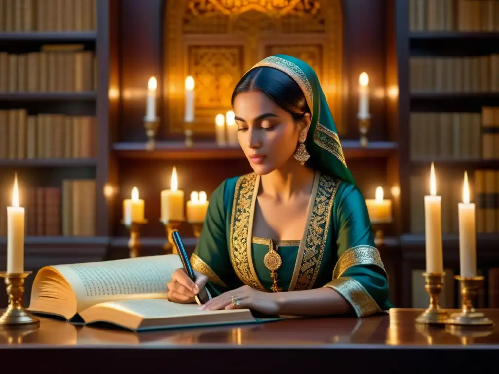 Mujeres pioneras pensamiento islámico: Lubna de Córdoba en biblioteca suntuosa, rodeada de manuscritos antiguos, irradiando inteligencia y confianza