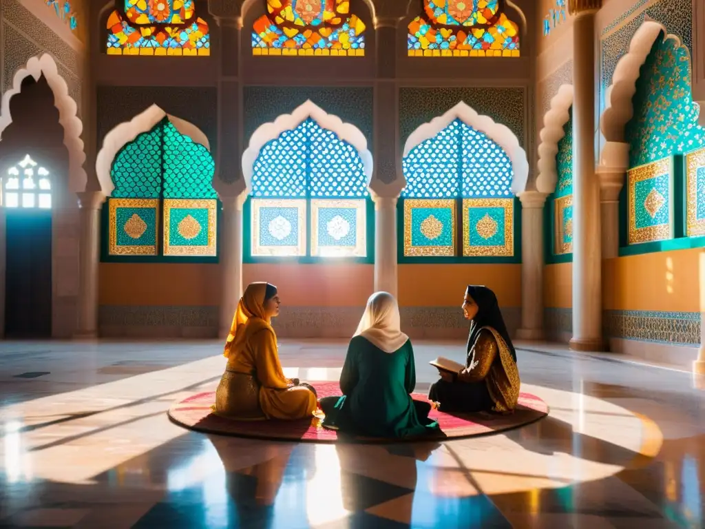 Mujeres poetas del Islam reunidas en mezquita, creando poesía en un ambiente de serenidad y creatividad