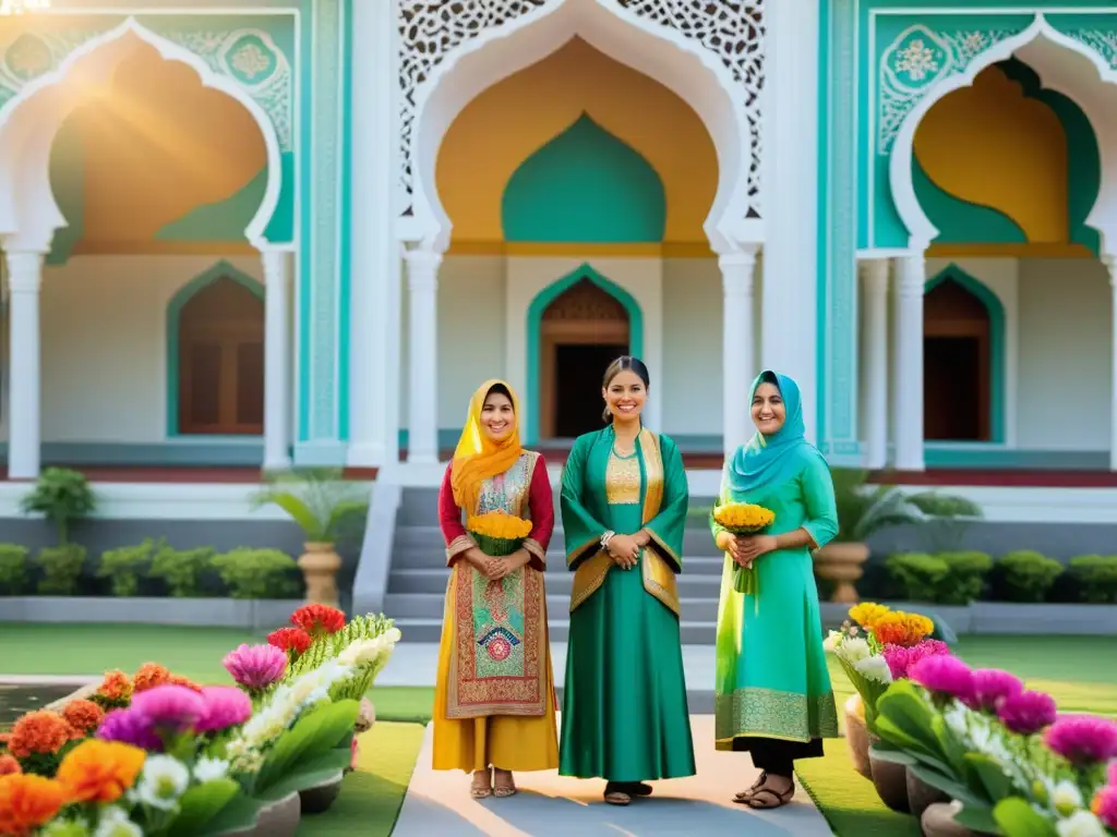 Mujeres difusión Islam Sudeste Asiático: Grupo de mujeres en atuendos tradicionales frente a una mezquita vibrante, transmitiendo unidad y riqueza cultural