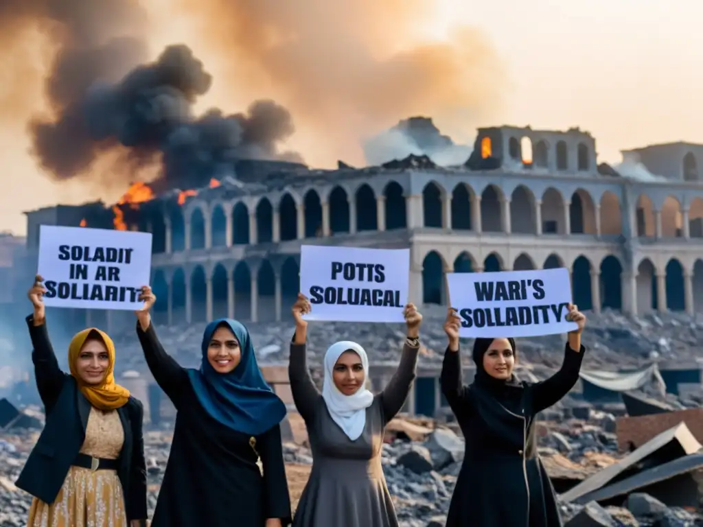 Mujeres en vestimenta islámica protestan en una ciudad en ruinas, mostrando fuerza y solidaridad