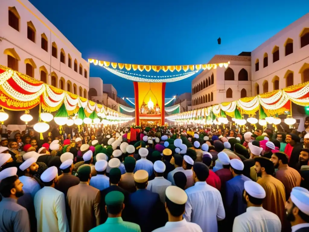 Multitud alegre celebra Mawlid alNabi mundo islámico con coloridas banderas y faroles iluminados, creando atmósfera festiva y unida