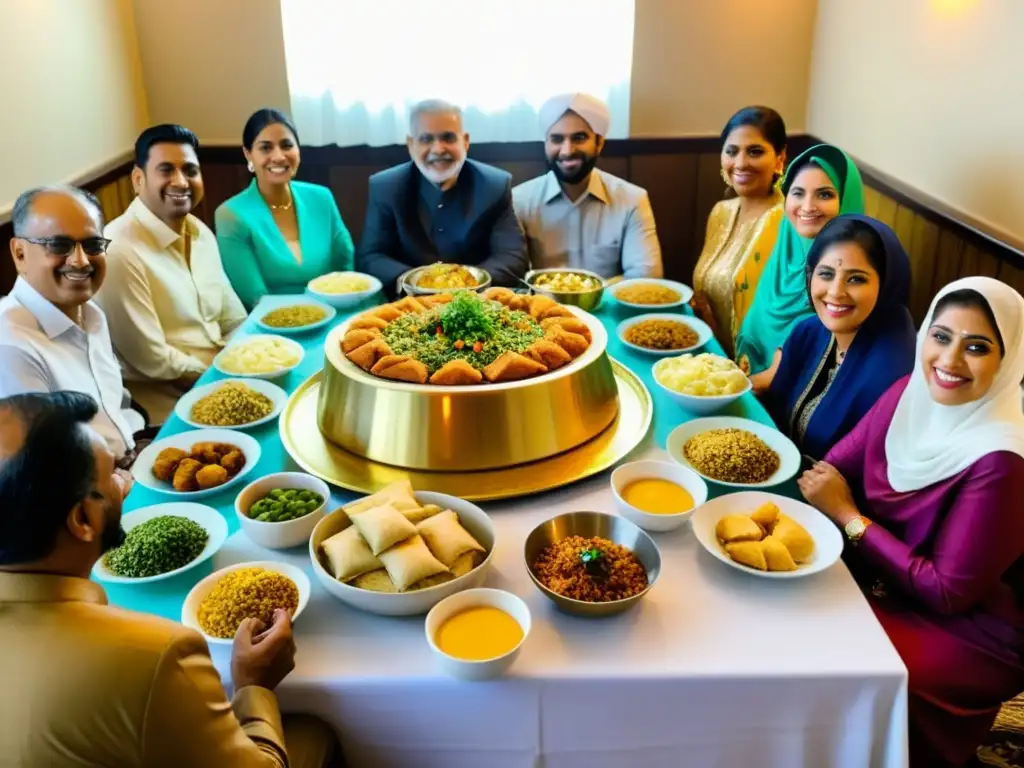 Multitud diversa celebra Eid alFitr con comida tradicional, luz de linternas y alegría compartida en la mesa festiva durante Ramadán