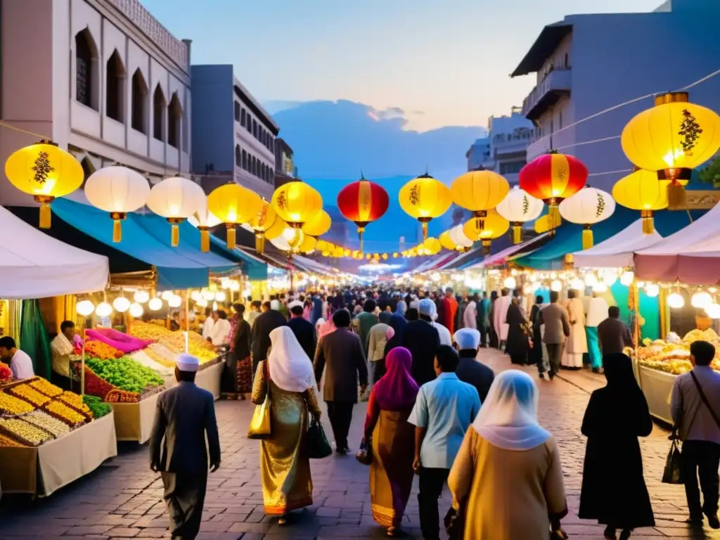 Multitud festiva celebra Eid alFitr con solidaridad y alegría en la calle de la ciudad al atardecer