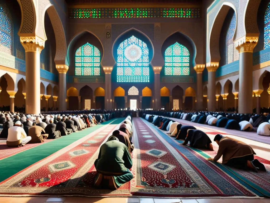 Una multitud de musulmanes chiítas se reúne en una mezquita con arquitectura ornamentada, rezando y contemplando