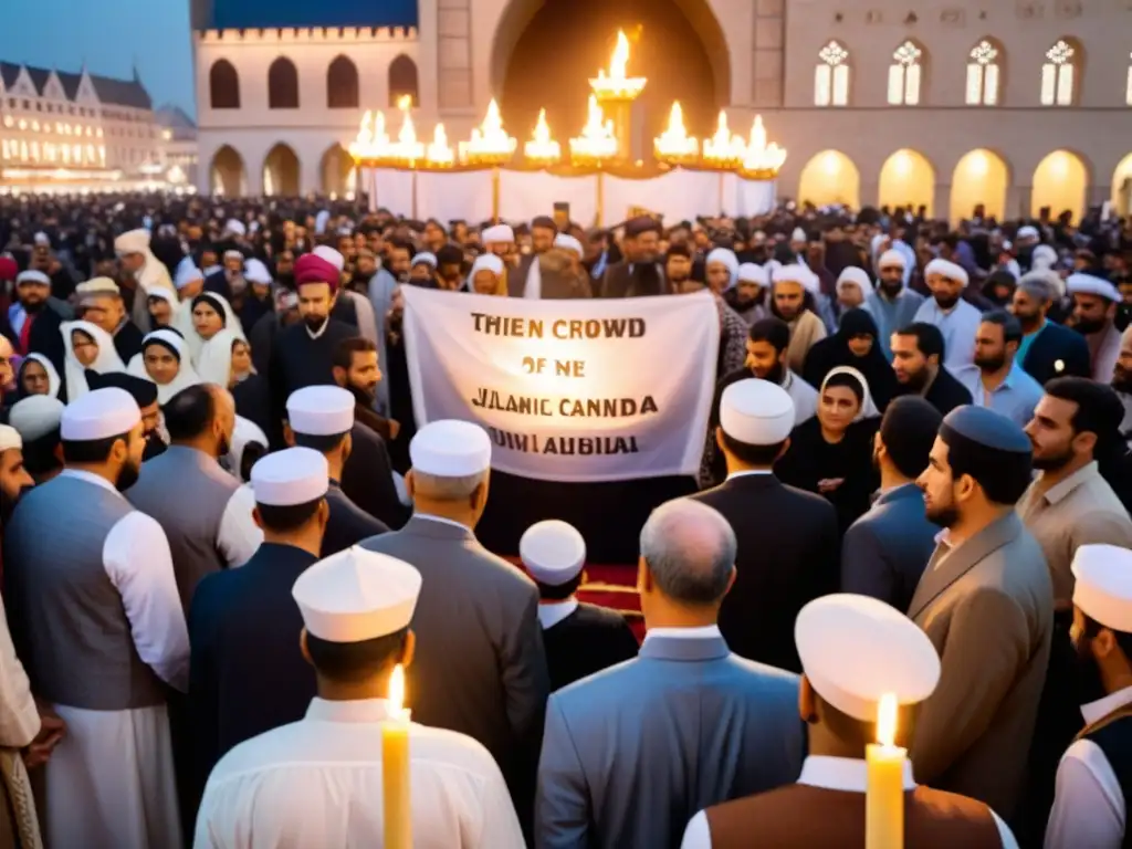 Una multitud reunida en una plaza conmemora Ashura en la historia islámica, con solemnidad y reflexión