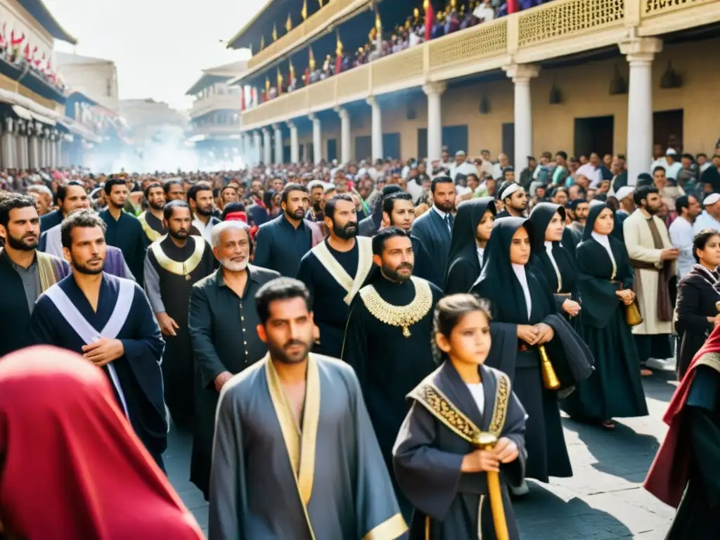 Multitud en procesión con vestimentas tradicionales en el Día de Ashura, transmitiendo significancia cultural y espiritual