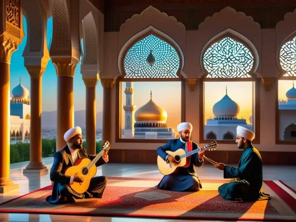 Música en el Islam: Interpretación musical en una mezquita con arquitectura y arte islámicos, creando una atmósfera serena y cautivadora