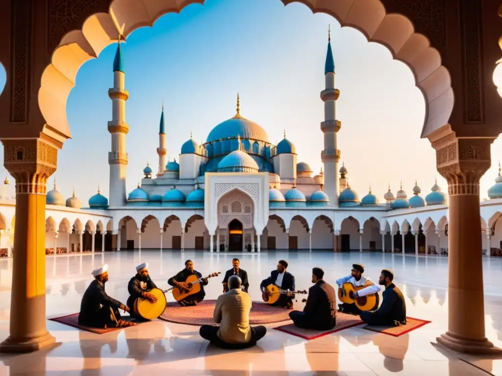 Música en el Islam Ortodoxo: Una mezquita ornada con minaretes altos y patrones geométricos, bañada por la cálida luz del atardecer mientras músicos crean una melodía envolvente en el patio