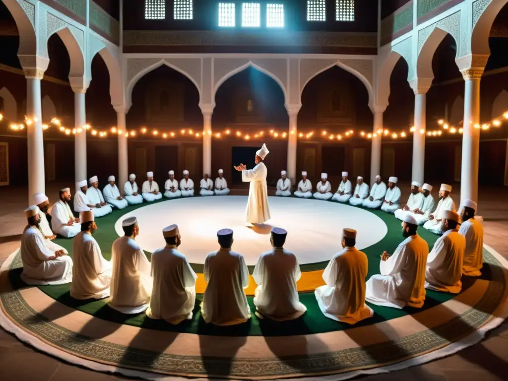 Música en los Rituales Sufíes: Derviches danzantes en una antigua mezquita, envueltos en éxtasis espiritual y música mística