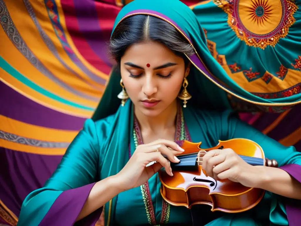 Una música en los Rituales Sufíes: imagen de una músico Sufí femenina inmersa en la música, rodeada de patrones de tela vibrantes