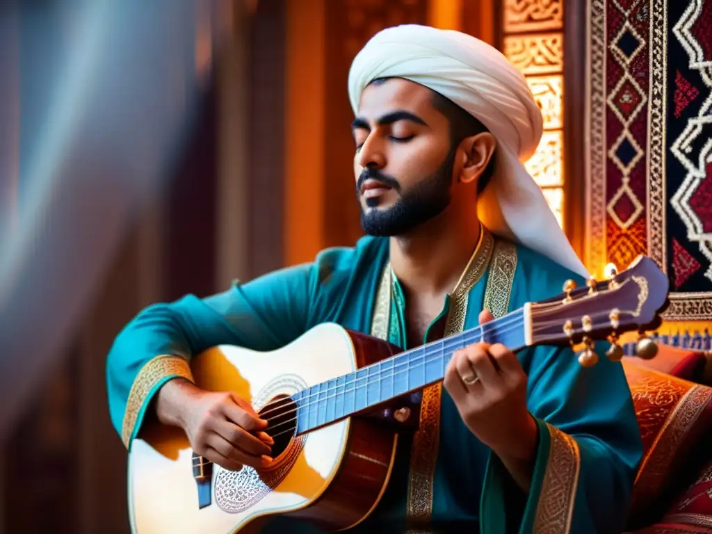 Un músico árabe toca el oud bajo la cálida luz de las linternas, evocando el tarab en la música árabe