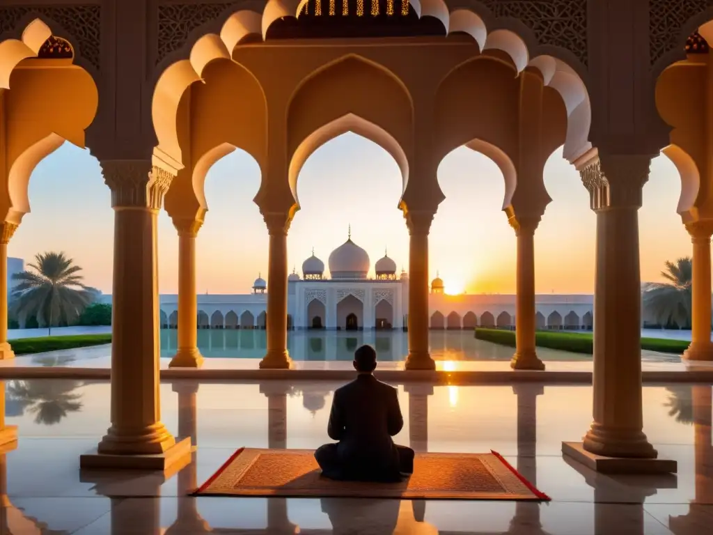 Un músico toca la flauta ney en un patio de mezquita al atardecer, creando una conexión divina en el contexto cultural islámico