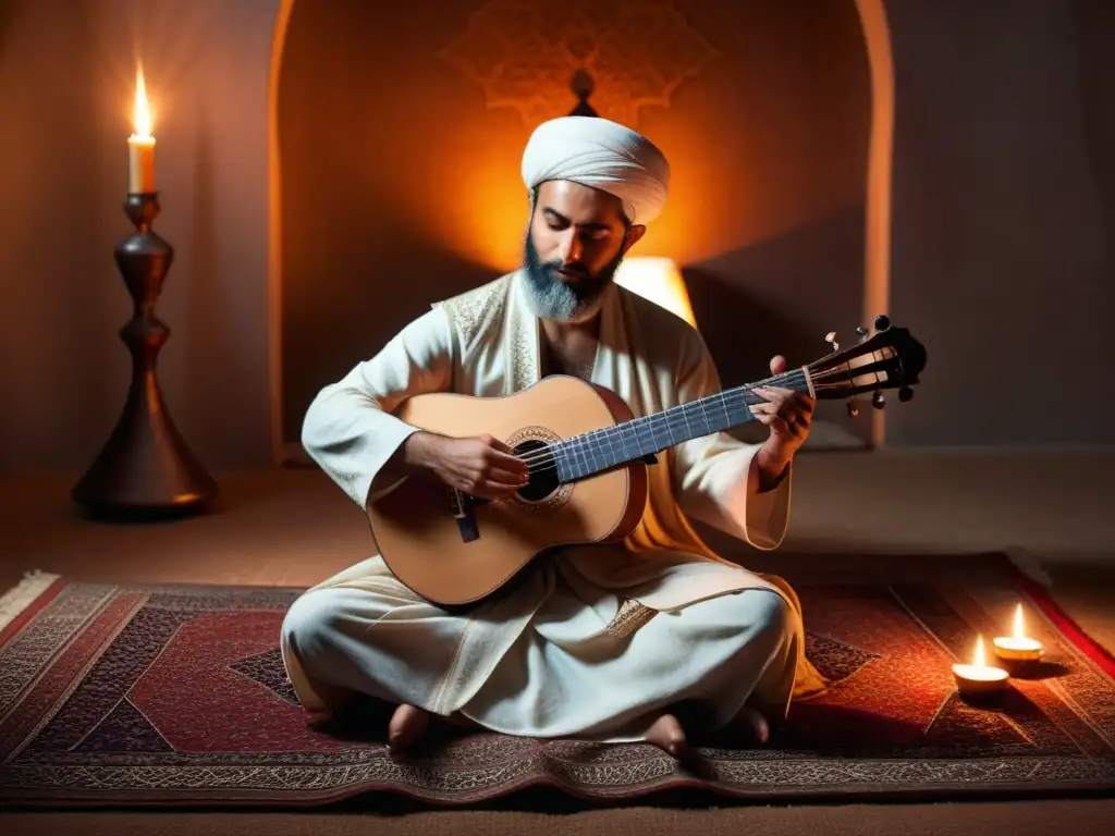 Un músico sufi toca el oud en una habitación con luz de velas, creando un ambiente místico que captura la importancia de la música sufí