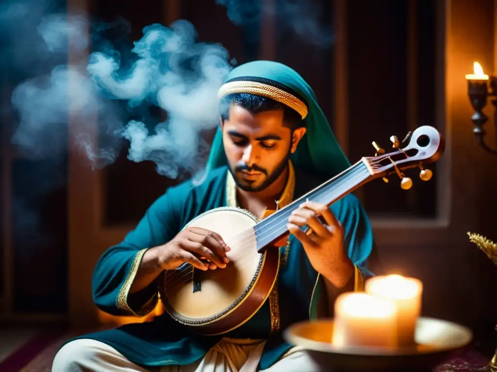 Un músico árabe inmerso en la pasión de tocar un instrumento de cuerda en un ambiente místico con incienso, evocando El Tarab en la música árabe