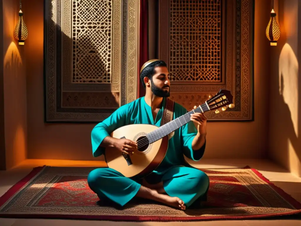 Un músico toca un instrumento tradicional del Medio Oriente en una habitación ricamente decorada