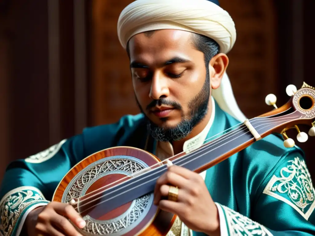 Un músico islámico concentradamente tocando un instrumento de cuerda, resaltando la importancia de la poesía islámica en la música