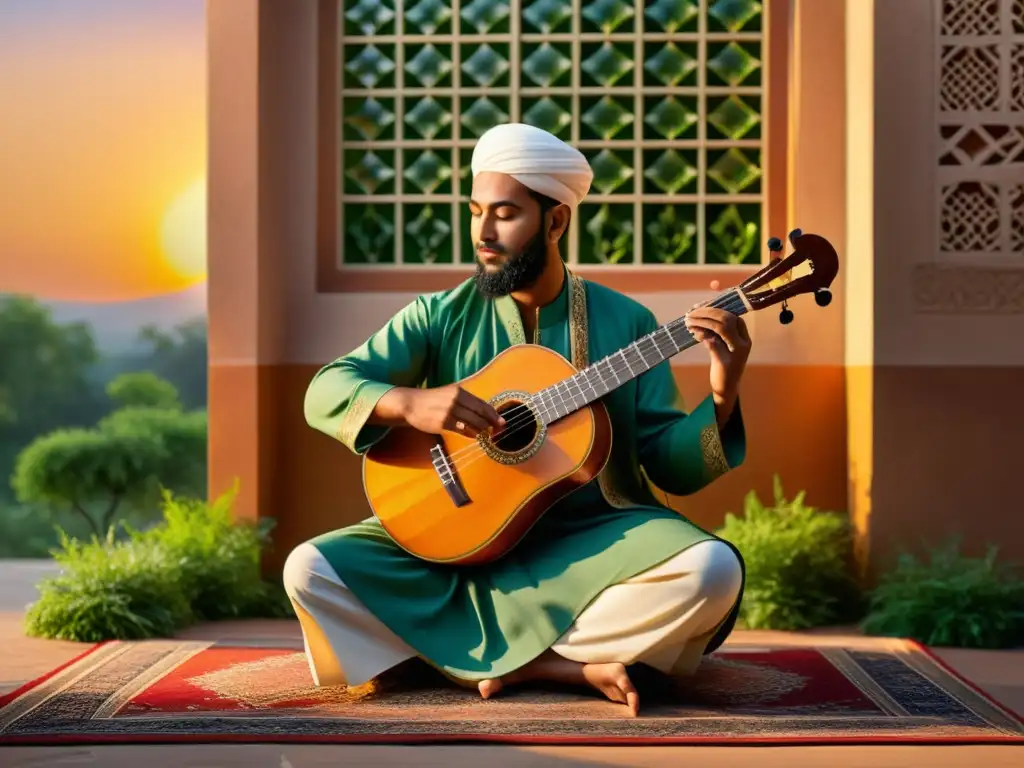 Un músico islámico toca un instrumento de cuerda bajo la cálida luz del atardecer, rodeado de patrones intrincados y exuberante vegetación