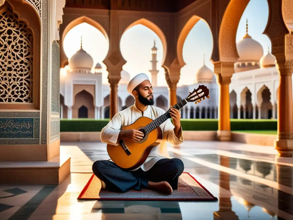 Un músico islámico toca el oud en un patio de mezquita, rodeado de arquitectura ornamentada y luz cálida