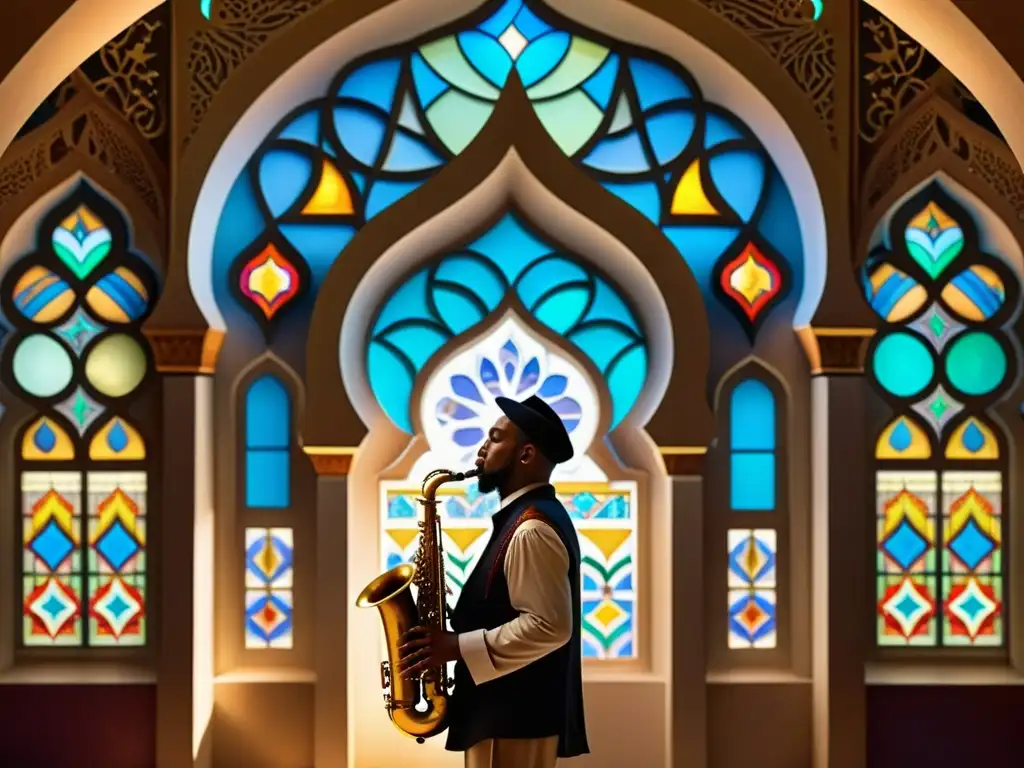 Un músico de jazz toca el saxofón en una mezquita, con luz de vidrieras