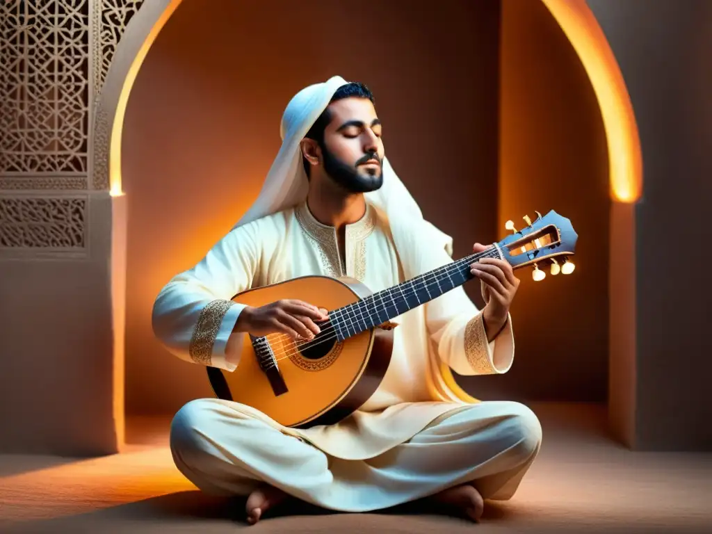 Un músico árabe toca el oud bajo la luz cálida de una linterna en una noche serena, capturando la esencia de El Tarab en la música árabe