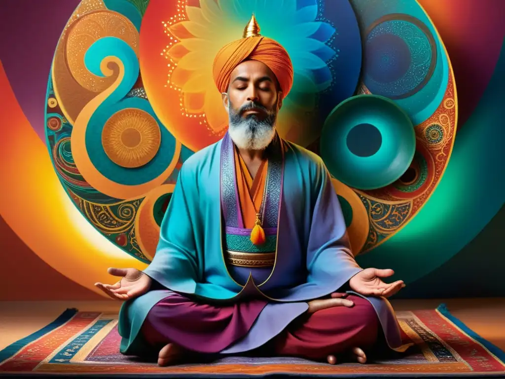 Un músico sufí en meditación profunda, rodeado de colores vibrantes y patrones hipnóticos que evocan un sentido de trascendencia espiritual