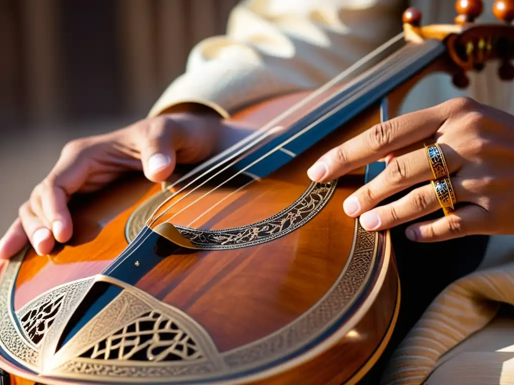 Un músico toca con maestría un oud, instrumento tradicional de la música árabe, en medio de una cálida atmósfera de destreza y riqueza cultural