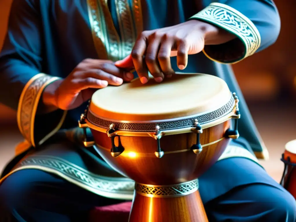 Un músico hábil toca una percusión islámica con maestría, resaltando la riqueza cultural