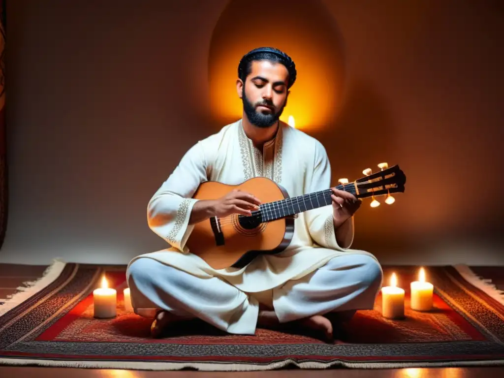 Un músico árabe en pleno tarab, tocando un oud entre velas