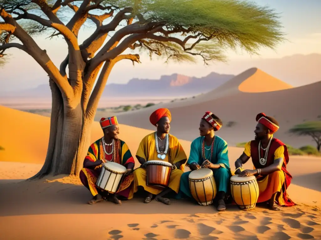 Músicos africanos tocan instrumentos tradicionales bajo un árbol al atardecer, capturando la esencia de la música islámica tradicional en África