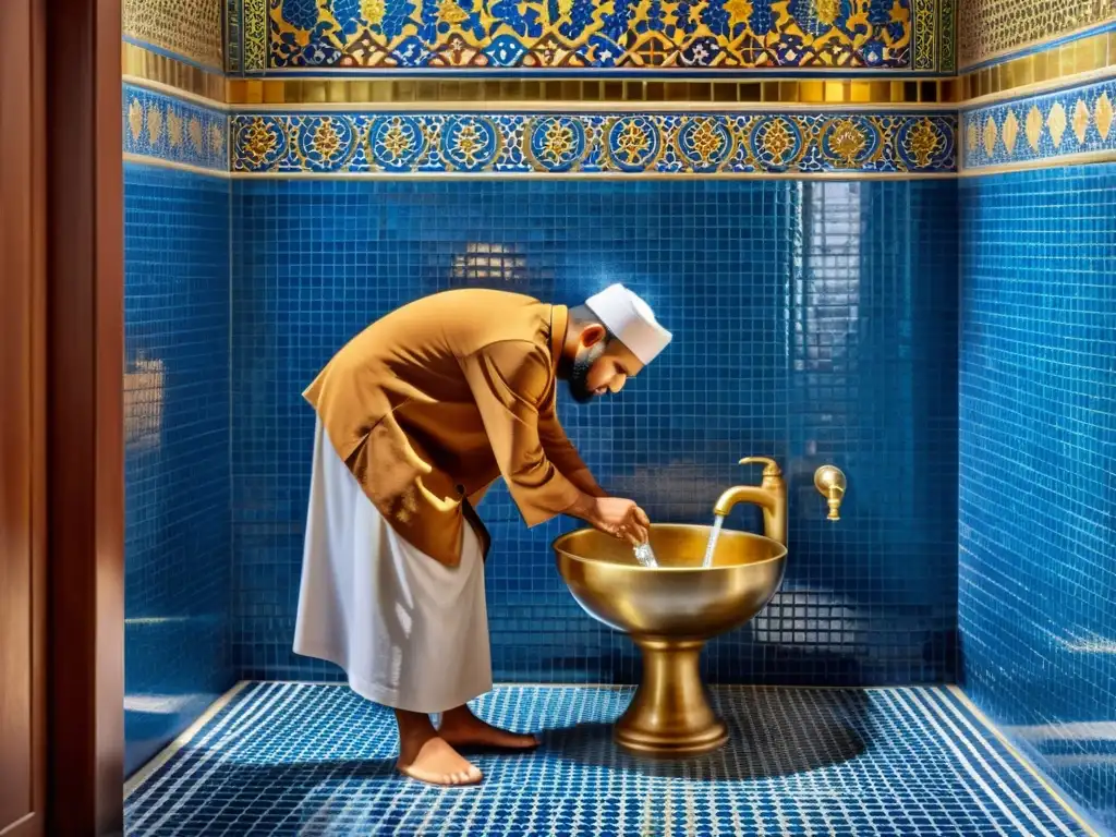 Ritual de Wudu: Belleza y Devoción Un musulmán realiza wudu en un baño bellamente decorado, con prácticas sanitarias vida cotidiana musulmana