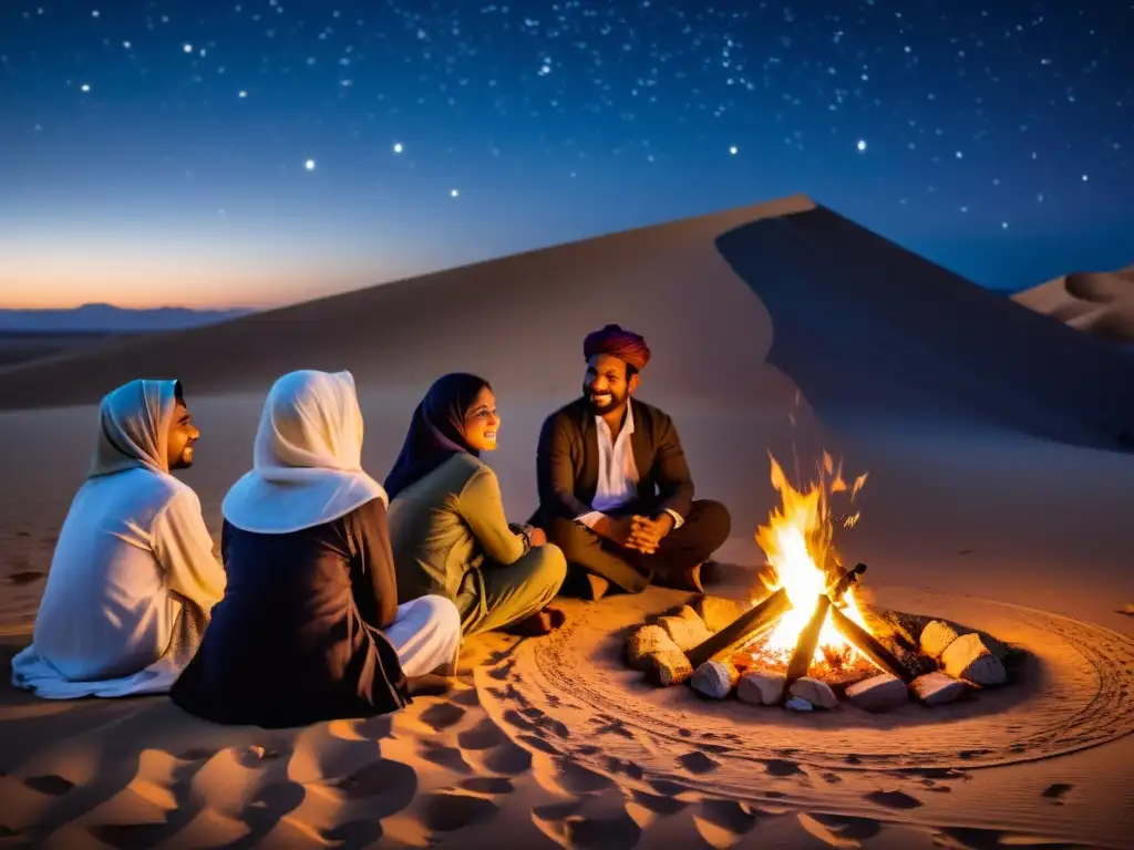 Un narrador cautiva a un grupo alrededor de la fogata en el desierto, creando una conexión espiritual en noches islámicas de tradición narrativa