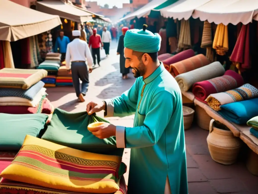 Un narrador oral cautiva a la multitud en un bullicioso mercado de Marrakech, Marruecos, compartiendo una tradicional historia islámica