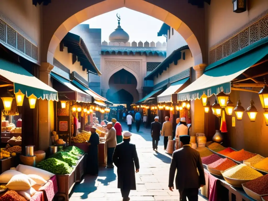 Narrativa en ciudades islámicas: Un bullicioso mercado con arquitectura detallada, calles estrechas y puestos coloridos