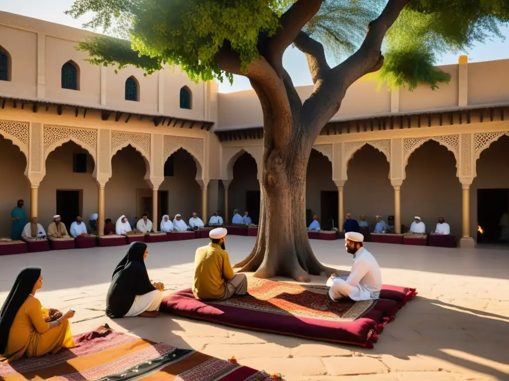 Narrativa oral en el Islam: Colorido mercado en una ciudad de Oriente Medio, donde cuentacuentos cautivan al público con expresivas historias bajo la sombra de un antiguo árbol al atardecer