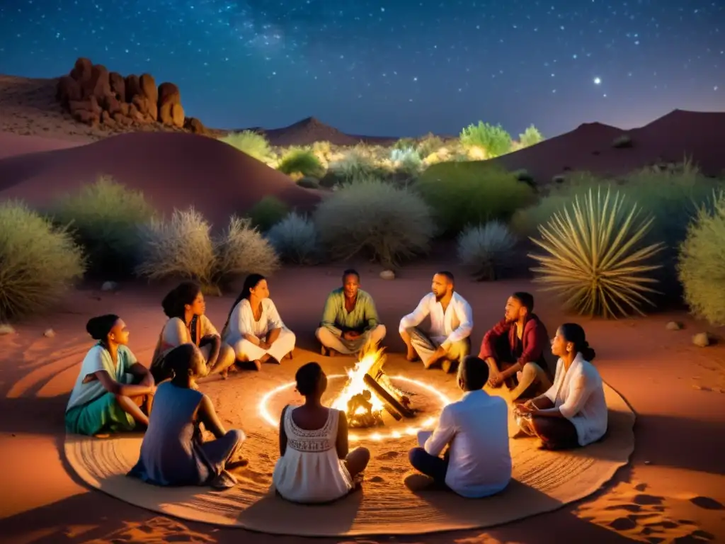 Narrativas orales cultura islámica: Grupo escucha con atención a un narrador bajo un cielo estrellado en un oasis del desierto