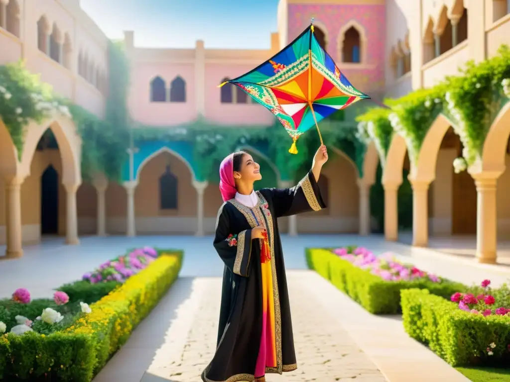 Niña con abaya y cometa en un jardín soleado, evocando calidez y asombro