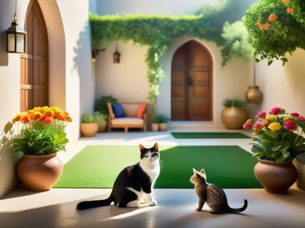 Un niño juega con un gato en un patio soleado y tranquilo