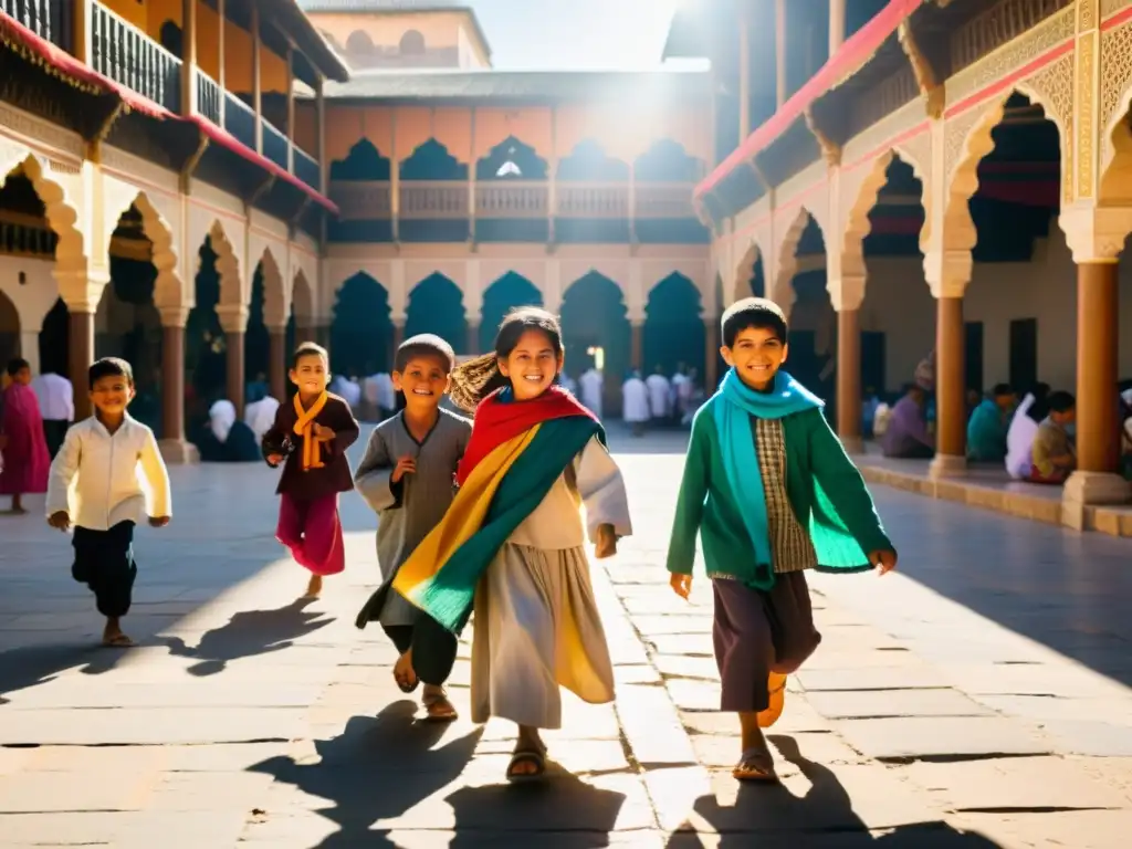 Niños disfrutando de actividades lúdicas en un bullicioso mercado islámico, rodeados de colores y arquitectura vibrante